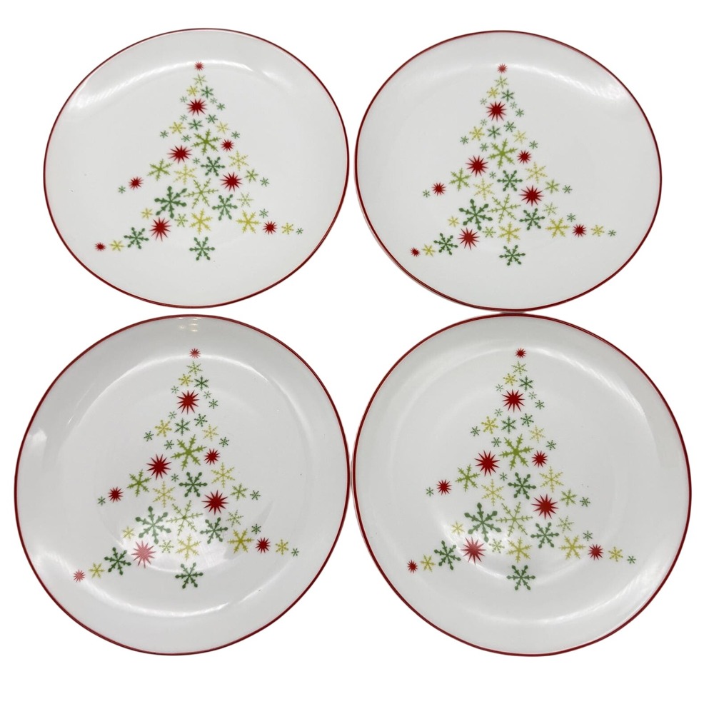 Crate & Barrel Christmas Tree Snowflake Appetizer salad Plates set 4